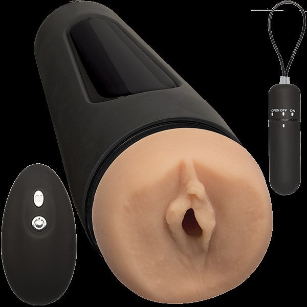 Beige masturbator with a vaginal opening and a hard black shell. Next to it a vibrating bullet and a remote with two silver buttons 