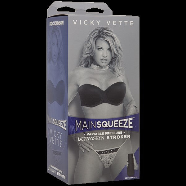 Grey and blue packaging with Vicky Vette posing in the front in a black strapless bra and white panties 