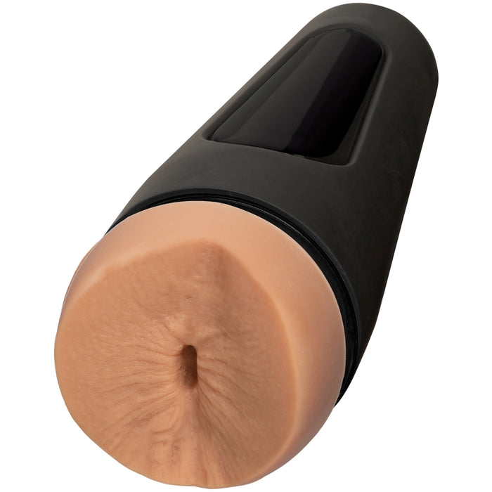 Beige masturbator with a black hard shell and an anal opening