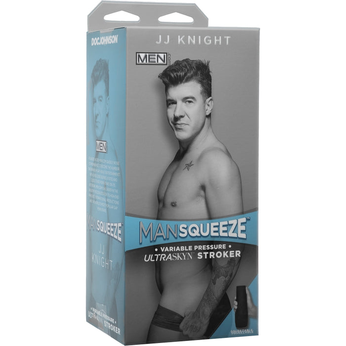 Grey and blue packaging with jj knight posed on the front 