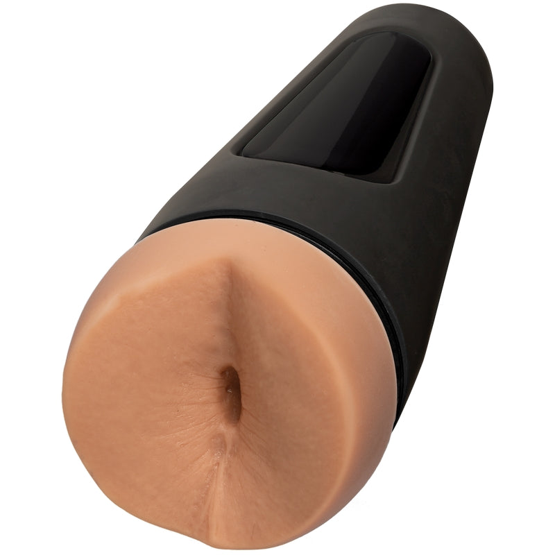 Beige masturbator with an anal opening and a hard black shell 