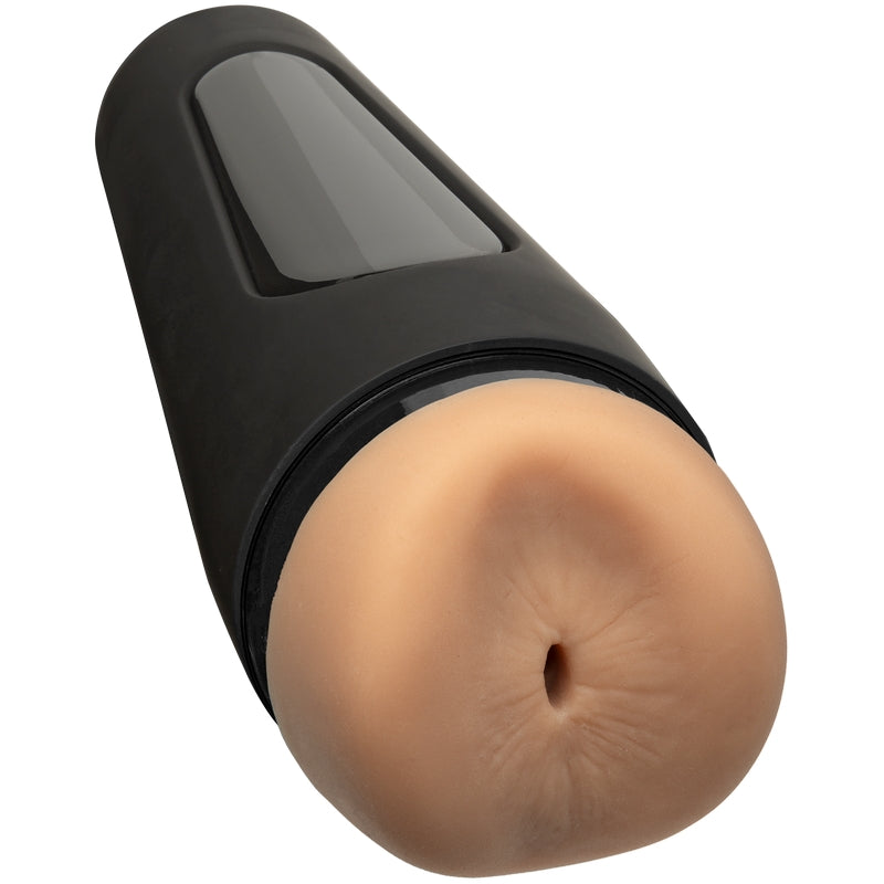 Beige masturbator with an anal opening and a black hard shell 