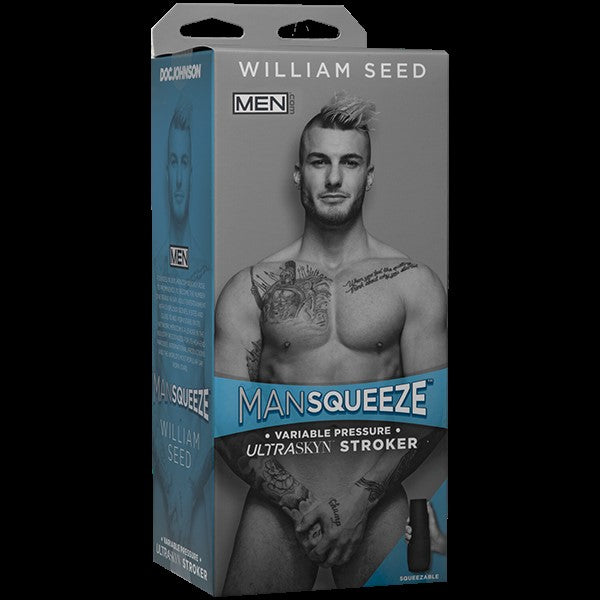 Grey and blue packaging with William Seed posed on the front 
