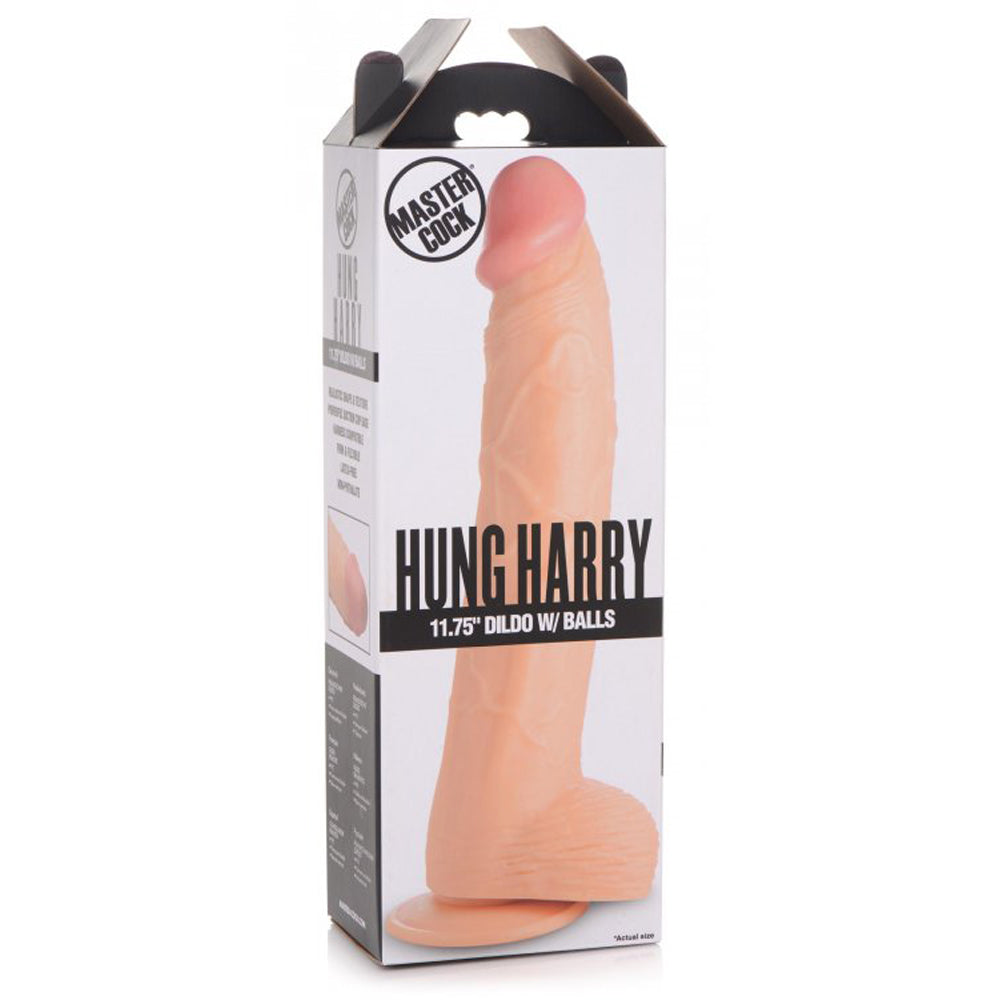 Beige hung harry 11.75'' dildo with suction cup base inside packaging.