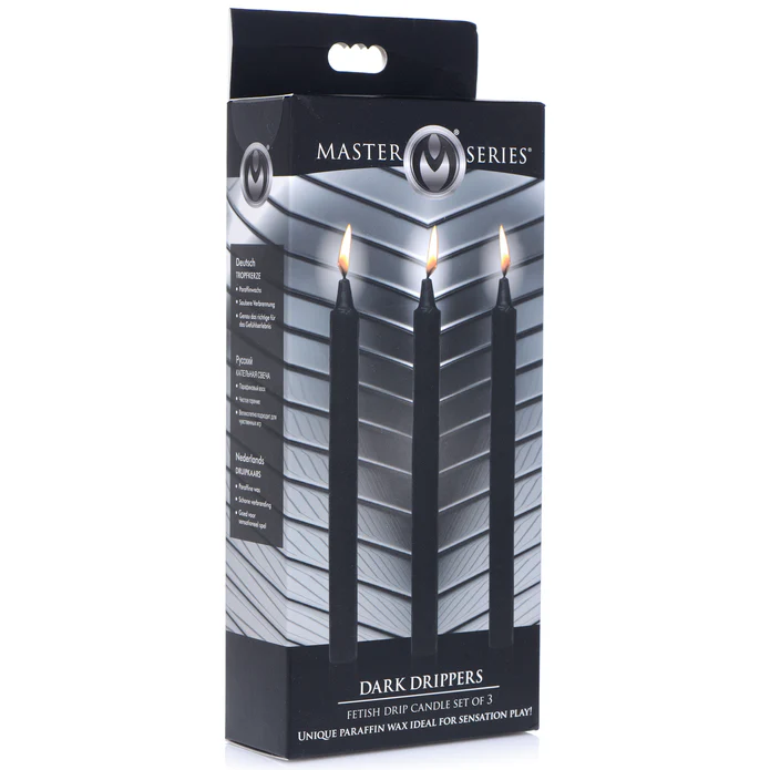 Dark drippers 3pk drip candles inside packaging.