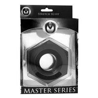 Black hex cock ring & ball stretcher inside packaging.