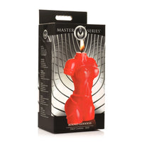 Red bound goddess drip candle inside packaging.