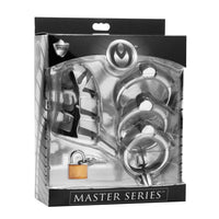 Chastity cage detained stainless steel with key inside packaging.
