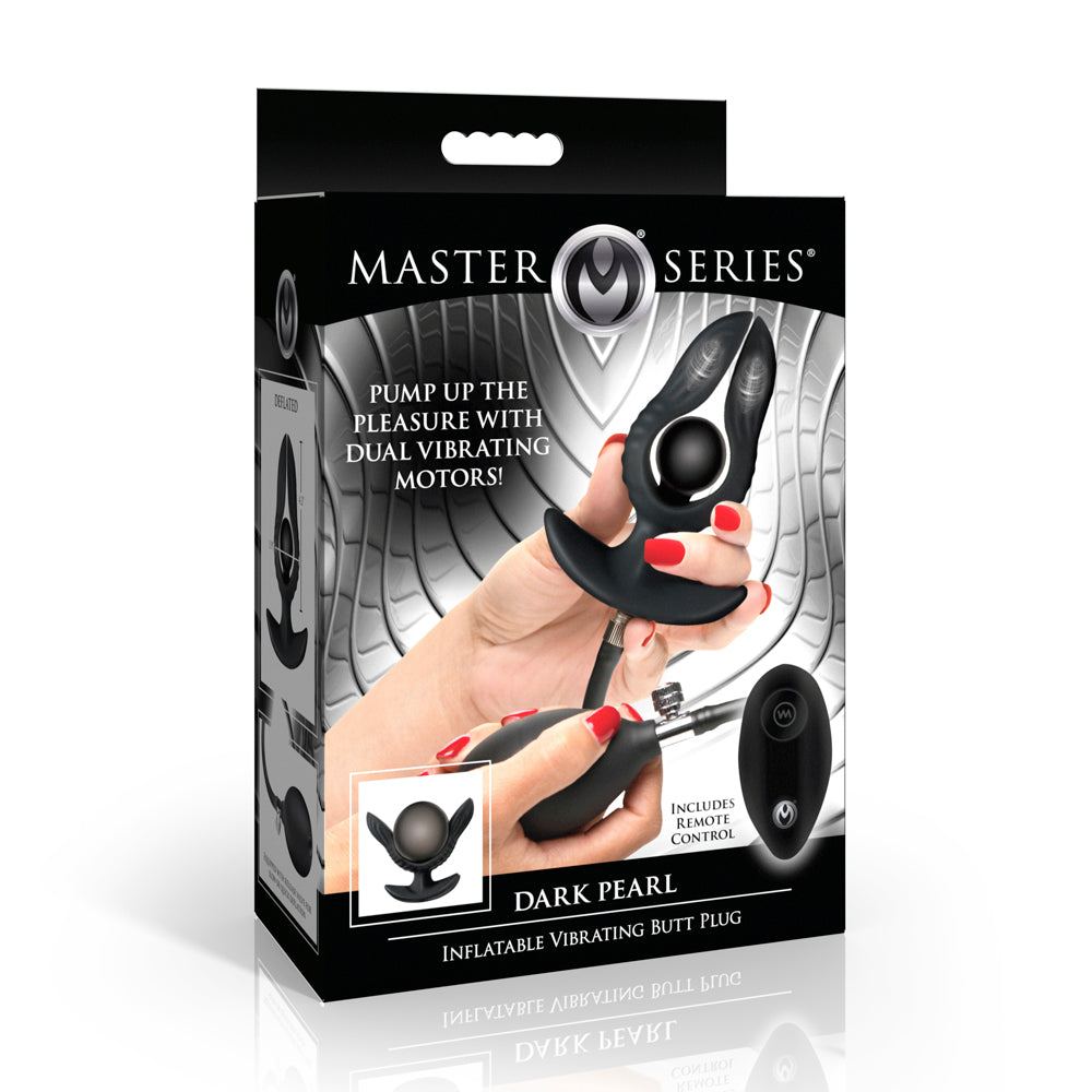 Black dark pearl vibrating inflatable butt plug inside packaging.
