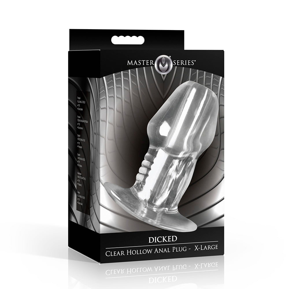 Clear dicked hollow anal plug XL inside packaging.