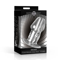 Clear dicked hollow anal plug XL inside packaging.