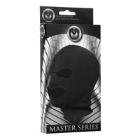 Black facade hood with eyes & mouth holes inside packaging.
