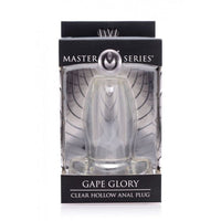 Clear gape glory hollow anal plug inside packaging.
