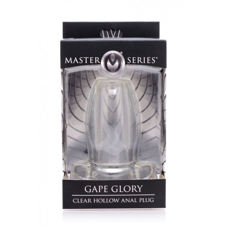 Clear gape glory hollow anal plug inside packaging.