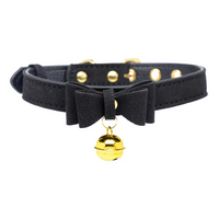 Black kitty collar with gold cat bell example photo.