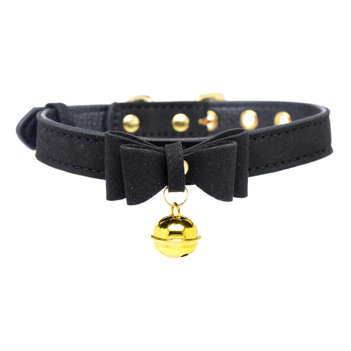 Black kitty collar with gold cat bell example photo.