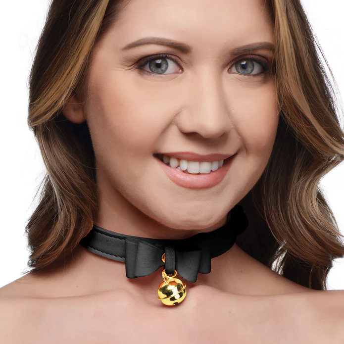 Black kitty collar with gold bell example photo.
