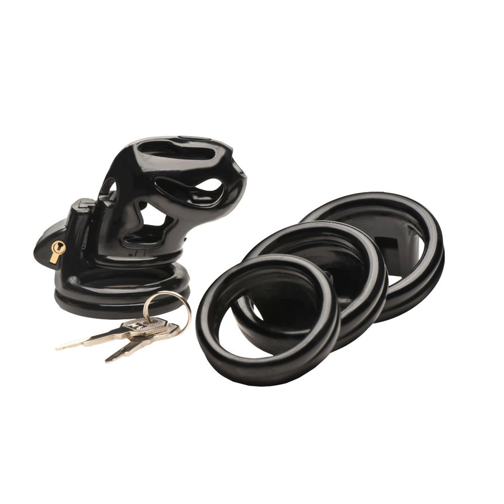 Black hard stop double ring chastity cage example photo.