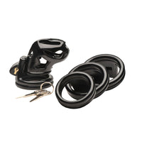 Black hard stop double ring chastity cage example photo.