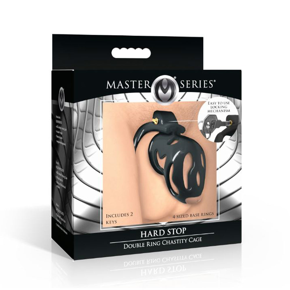 Black hard stop double ring chastity cage with keys inside packaging.
