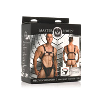 Black heathens male body harness L/XL inside packaging.