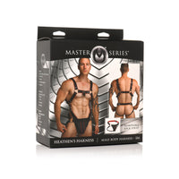 Black male body harness small inside packaging.