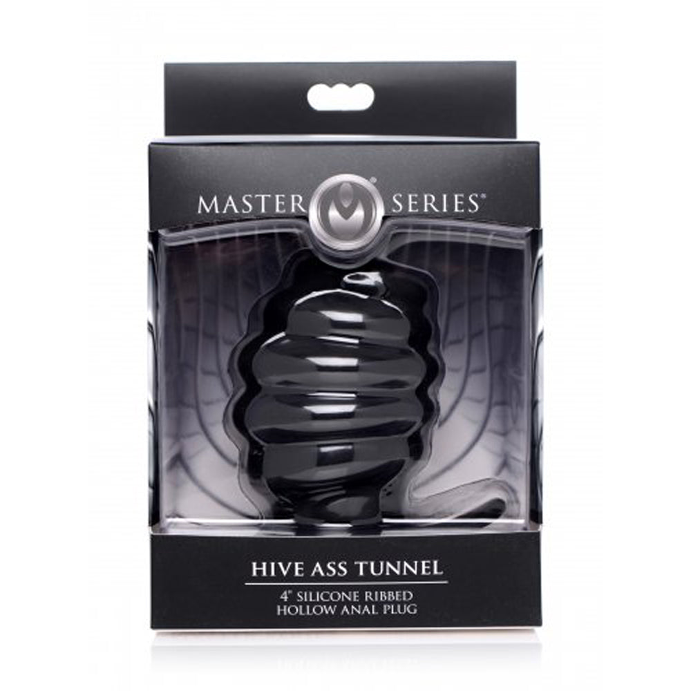 Black ribbed hive ass tunnel 4'' hollow anal plug inside packaging.