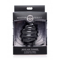 Black ribbed hive ass tunnel 4'' hollow anal plug inside packaging.