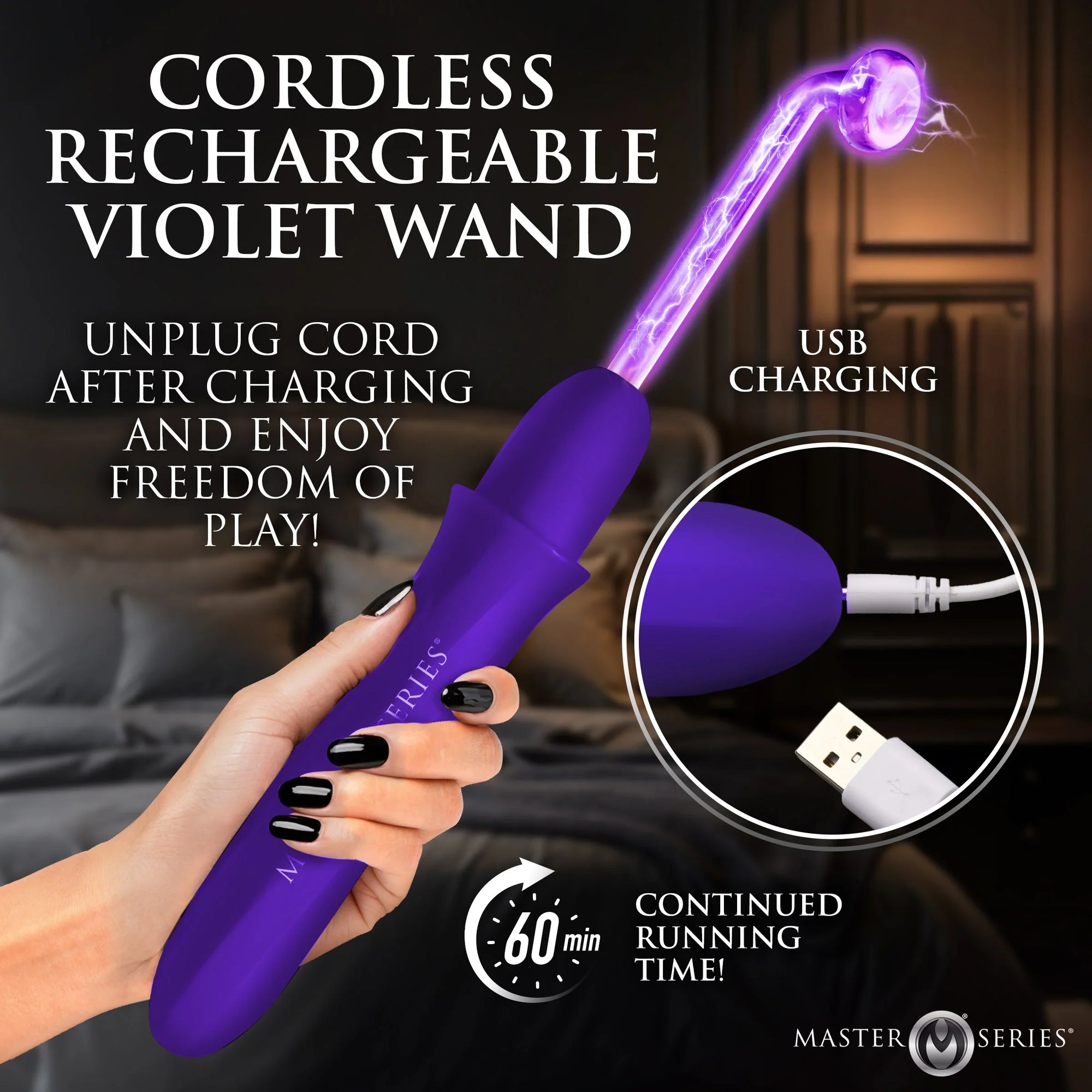 Elektrawand purple with charging cord and running time.