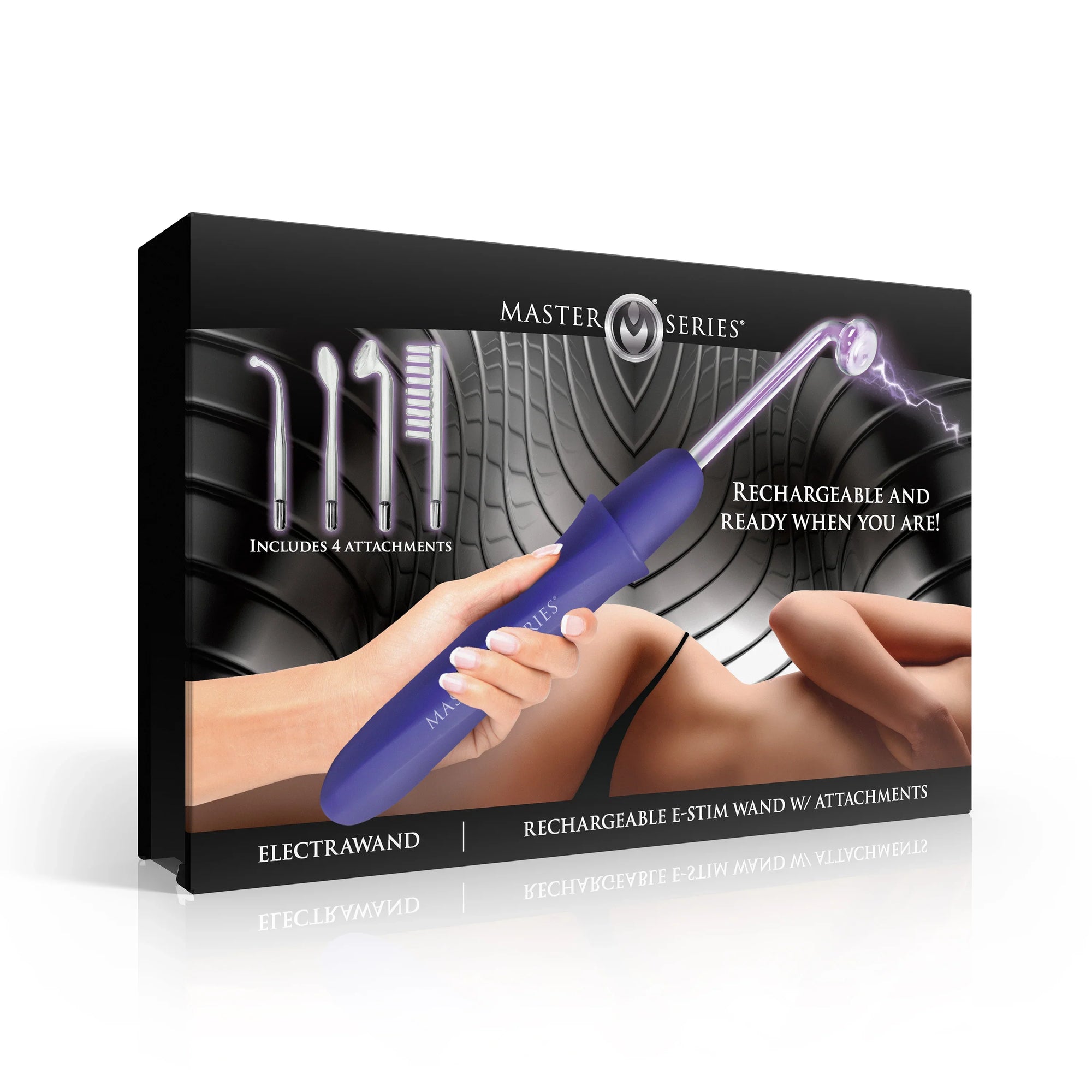 Purple wand with attachments inside packaging.