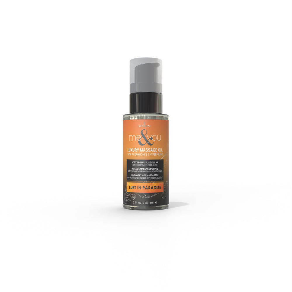 Lust in paradise massage oil 59ml bottle with squeeze top.