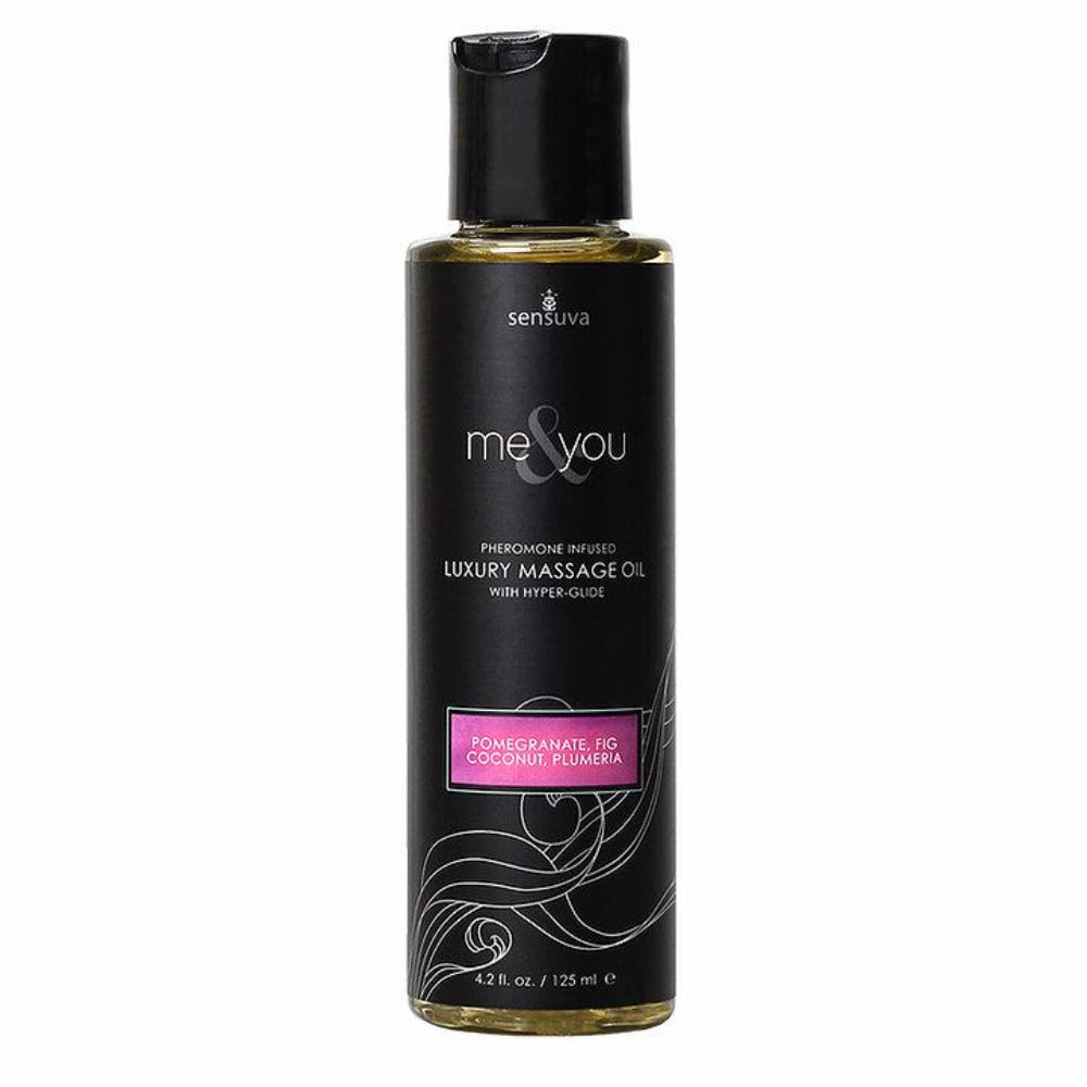Pomegranate fig coconut & plumeria luxury massage oil featuring a 125ml bottle.