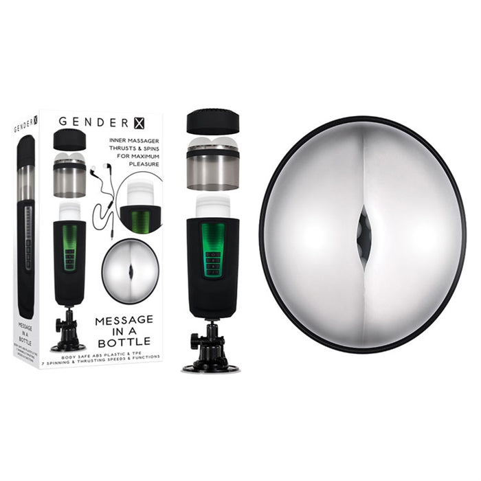White male masturbator with an oval opening. There is a black suction cup base, green buttons and a clear and black top. The masturbator is disassembled for easy cleaning 