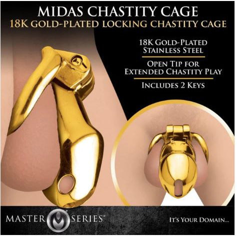 Image shows the front and side view of the gold chastity device on a flaccid penis