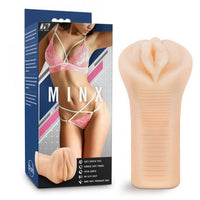 blue packaging with a woman wearing a pink bra and panties posing on the front. Next to it is the beige male masturbator with a vaginal opening 