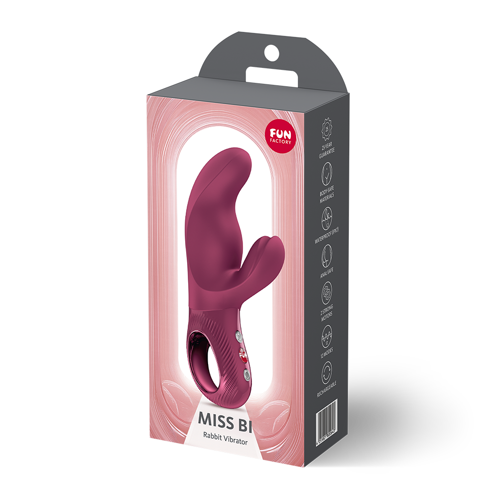 Burgundy miss bi rabbit vibrator inside packaging. Featuring dual motors for G-spot and clitoral stimulation.