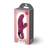 Burgundy miss bi rabbit vibrator inside packaging. Featuring dual motors for G-spot and clitoral stimulation.