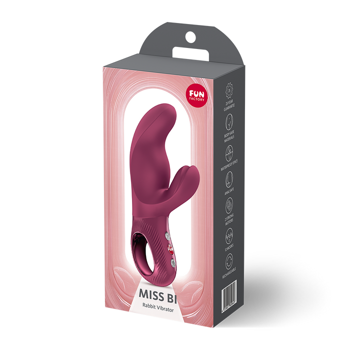 Burgundy miss bi rabbit vibrator inside packaging. Featuring dual motors for G-spot and clitoral stimulation.