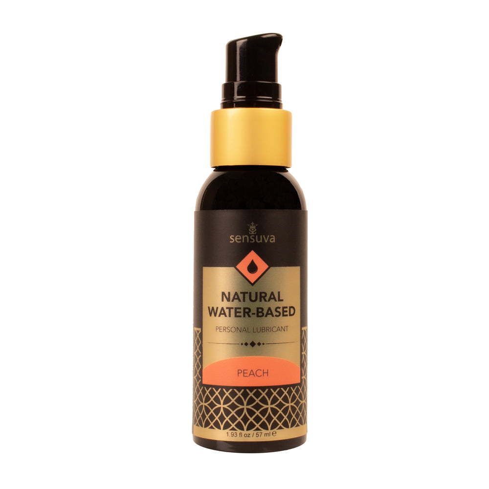 Peach scented water based lubricant 57ml bottle with squeeze top lid.