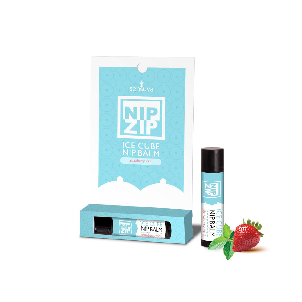 Nip Zip ice cube nip balm strawberry mint flavored in packaging and product on a white background.