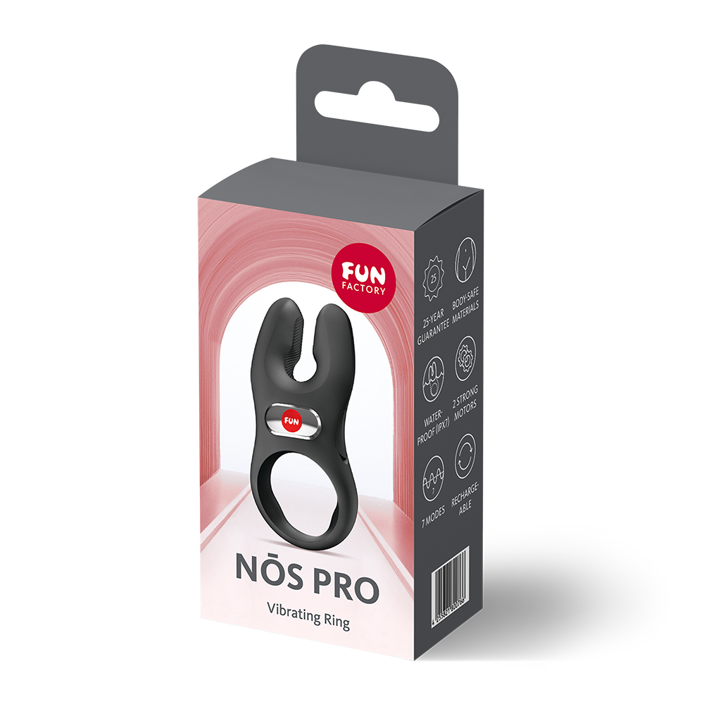 Nos pro xl vibrating cock ring inside packaging. Featuring dual motors to enhance the fun for both of you.
