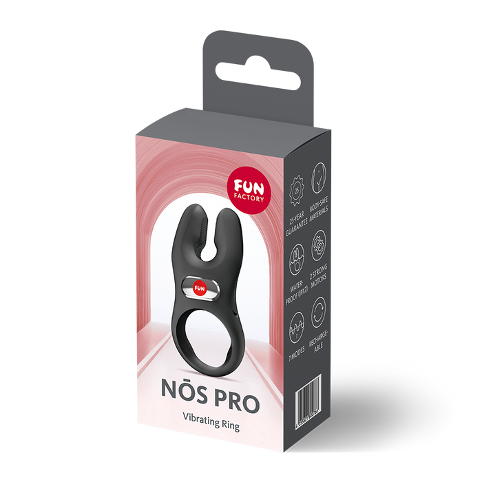 Nos pro xl vibrating cock ring inside packaging. Featuring dual motors to enhance the fun for both of you.
