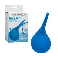 Cal Exotics One-Way Silicone Anal Douche in blue with flexible nozzle, shown beside product packaging.
