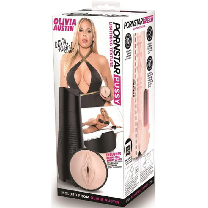 White packaging with Olivia austin posing on the front in a black one piece. below her is the beige male masturbator with a vaginal opening and a black hard shell 
