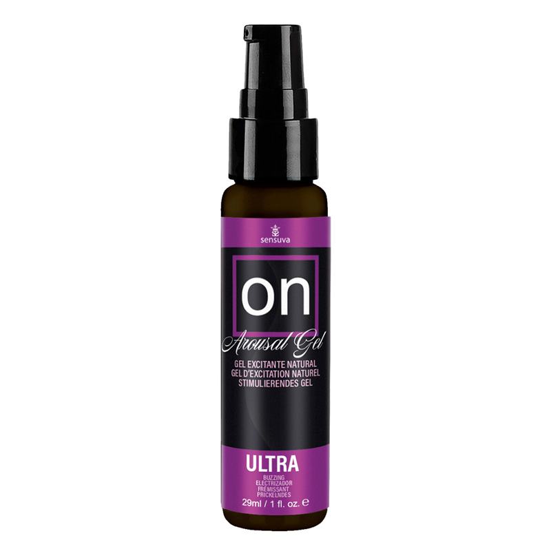 Sensuva On Arousal Gel Ultra in a 29ml dark amber spray bottle with a black pump and a purple and black label.