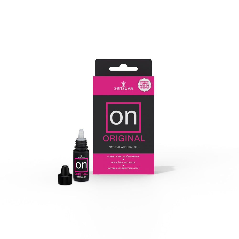 Sensuva on Original arousal oil packaging with dropper bottle on white background.
