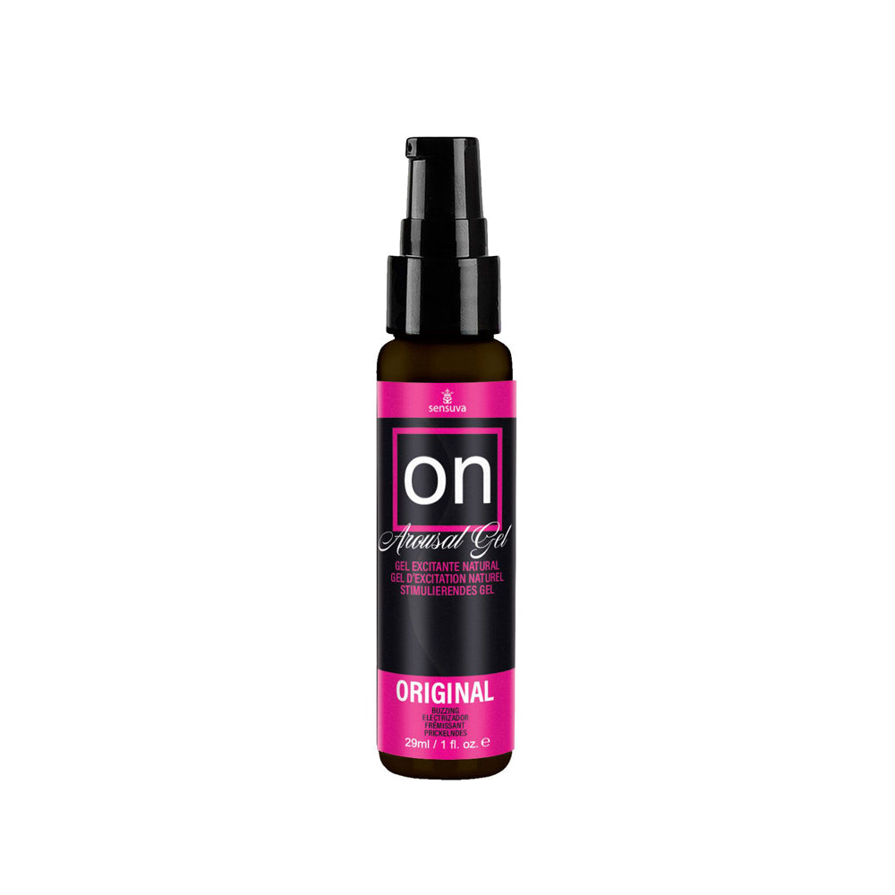 On arousal gel bottle with pump top on white background.