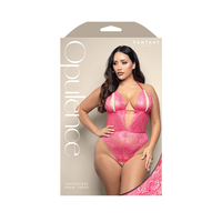Queen size pink crotchless teddy inside packaging.