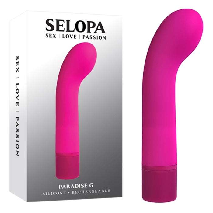 a thick pink g spot vibrator with a curved head and pink cap shown next to its display box