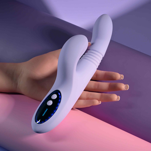 Pep talk purple vibrator against hand example photo.